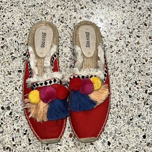 Soludos red coco pom espadrille flat slides fringe 9 boho resort - Picture 2 of 4